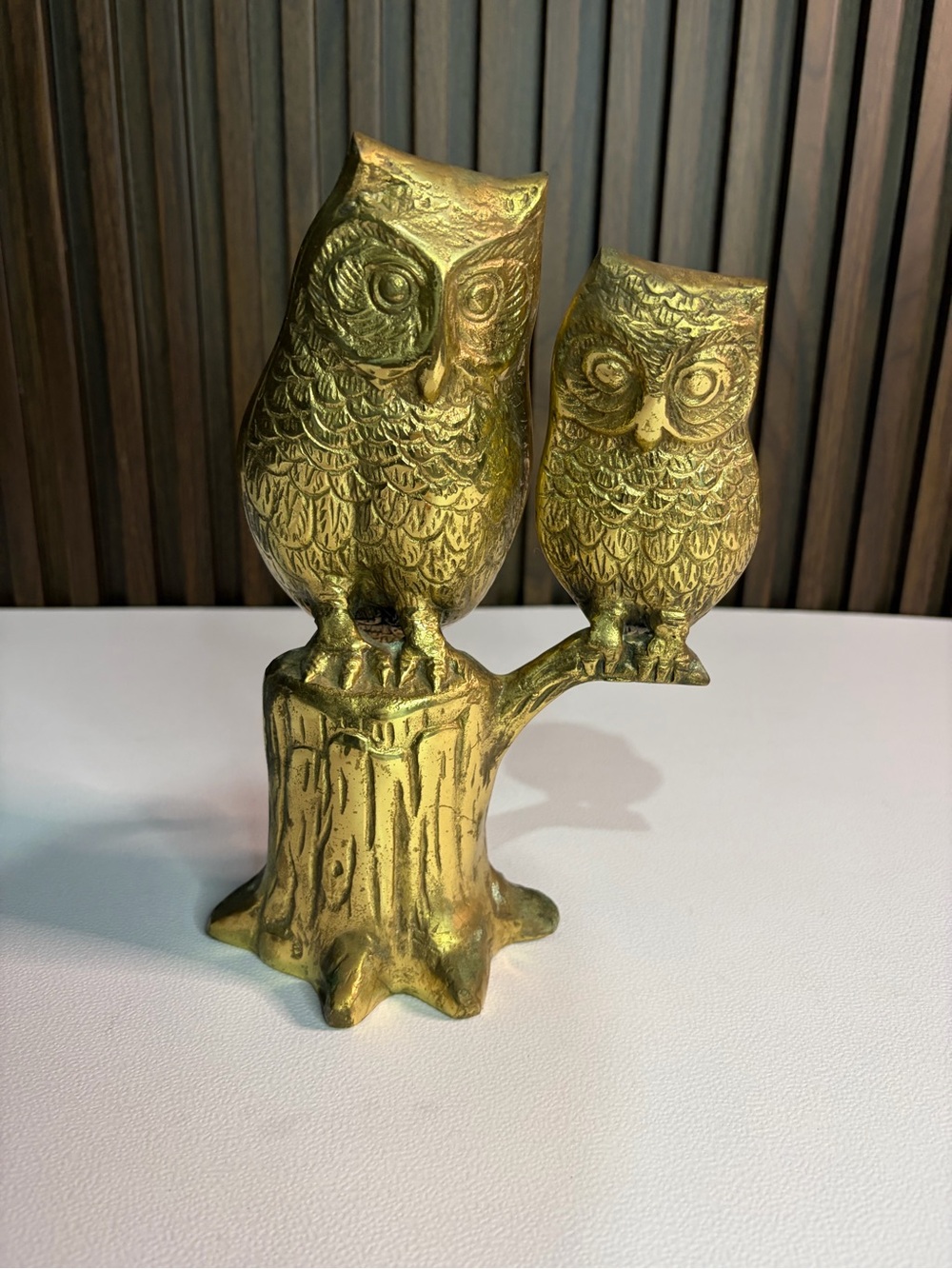 Vintage Solid Brass Owls on Tree Stump figurine Made in Korea MCM Decor 9"